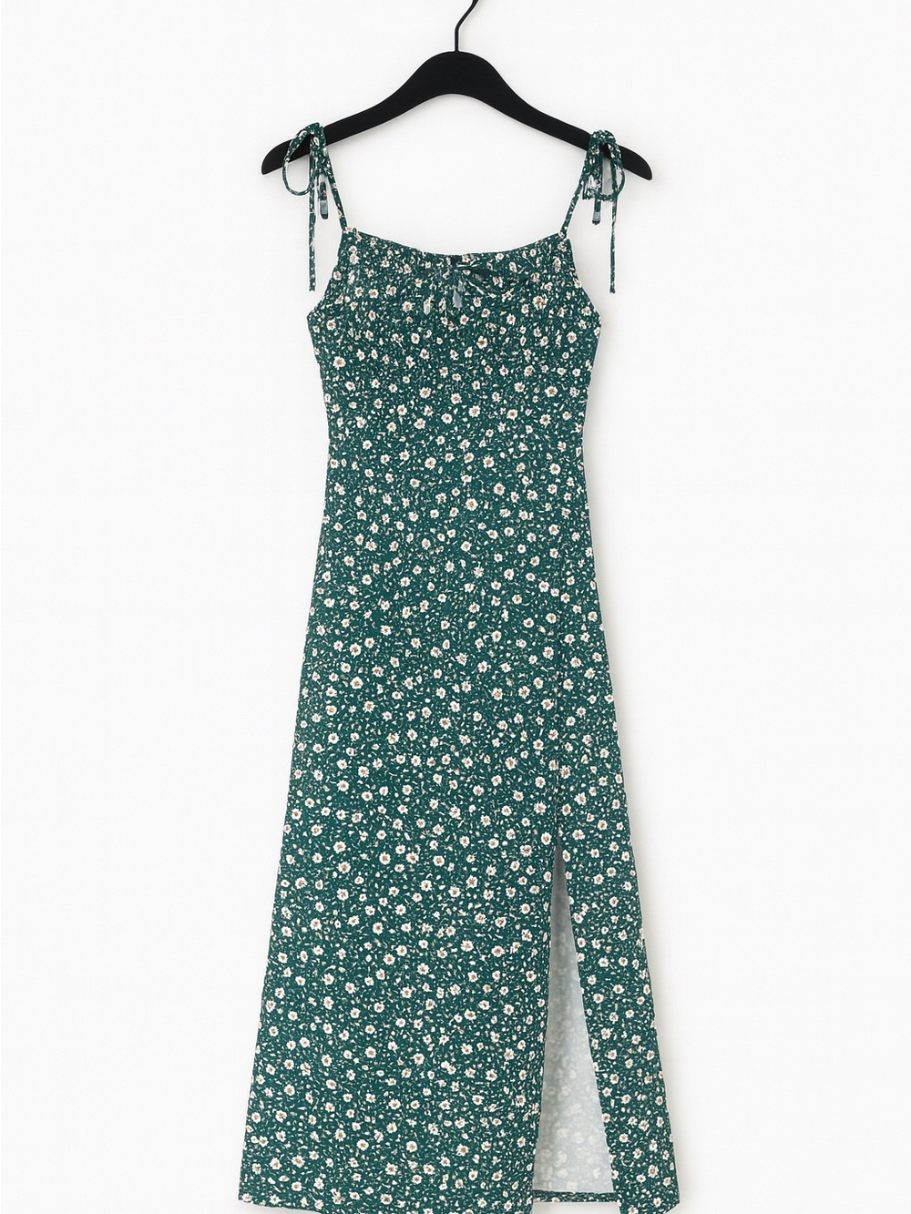 Sleeveless Green Floral Tie-Strap Midi Dress